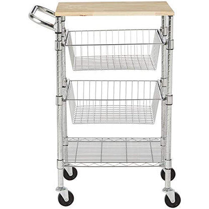 Amazon Basics 3-Tier Metal Basket Rolling Utility Cart with Wood Top, Kitchen Storage Organizer, Portable, Silver