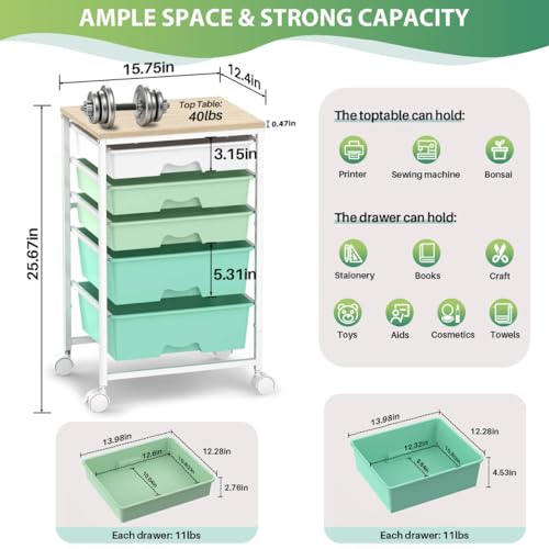Goovilla Rolling Cart with Drawers, Utility Cart Organizer With 5 Removable Drawers and Wooden Tabletop, Lockable Rolling Storage Organizer for Art, Classroom, Home, Dorm, Office, Craft Storage, Green - size: Green