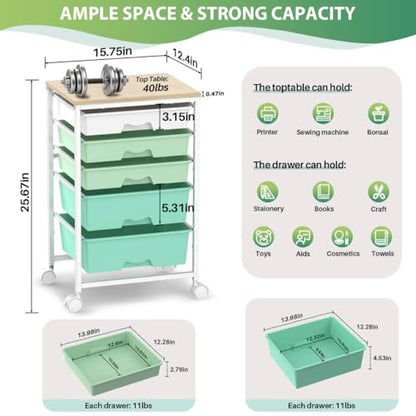 Goovilla Rolling Cart with Drawers, Utility Cart Organizer With 5 Removable Drawers and Wooden Tabletop, Lockable Rolling Storage Organizer for Art, Classroom, Home, Dorm, Office, Craft Storage, Green - size: Green