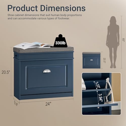 Haotian Small Shoe Storage Bench, Narrow Shoe Cabinet Entryway with 1 Flip-Drawer and Seat Cushion, Mini Shoe Rack Hallway Entrance Mudroom, Navy Blue FSR82-K-B - color: Navy, size: 1 Drawer:24x9.4x20"