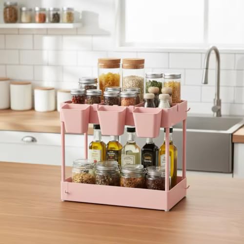danpinera Slim Storage Cart, 3 Tier Narrow Rolling Cart on Wheels Bathroom Organizer with Dividers Handle Hanging Cups Hooks for Laundry Room Kitchen Small Spaces, Pink - style: 3 Tier Pink