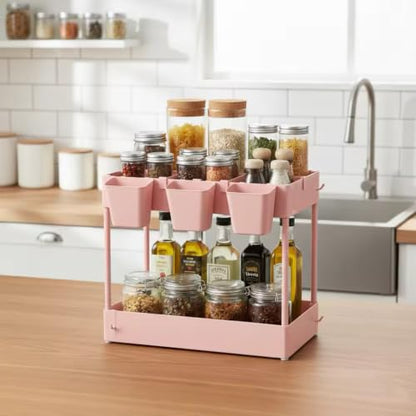 danpinera Slim Storage Cart, 3 Tier Narrow Rolling Cart on Wheels Bathroom Organizer with Dividers Handle Hanging Cups Hooks for Laundry Room Kitchen Small Spaces, Pink - style: 3 Tier Pink