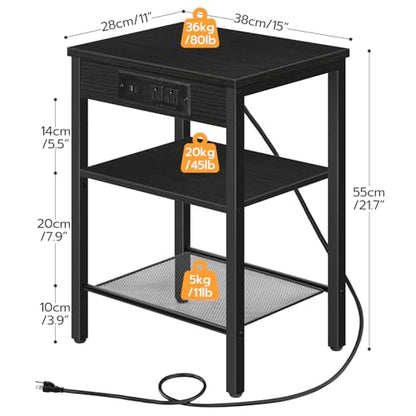 HOOBRO Side Tables Set of 2 with Charging Station and USB Port, Small End Tables for Small Space, 3-Tier Nightstands with Adjustable Shelf, for Living Room, Bedroom, Black BB112BZP201 - color: Black