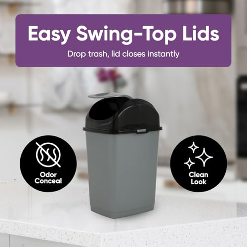 Superio Mini 1.25 Gallon and Small 2.5 Gallon Plastic Trash Cans with Swing Top Lid, Grey Waste Bin for Countertop, Desk, Vanity, Bathroom, 2 Pack (Grey/Black) - size: 1.25 and 2.5 Gallon