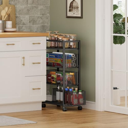 4 Tier Kitchen Rolling Cart, Kitchen Storage Cart with Wheels, Adjust Pantry Organizer and Storage Cart with Drawer, Fruit Vegetable Spice Storage Cart, Wooden Top Metal Kitchen Organizer Rack Stand - size: Small 4 Tier Black