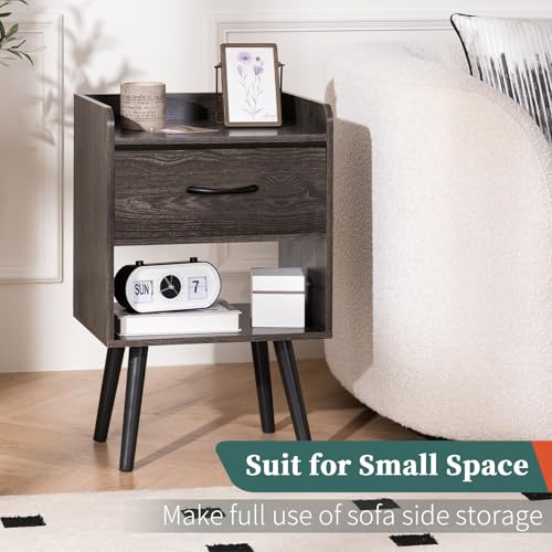 Yoobure Night Stand with Fabric Drawer, Modern Nightstand, Bedside Tables, Mid Century Nightstands with Open Storage Shelf, Wood Bedside Table, Small Night Stands for Bedrooms, 2-Tier Night Table - color: Charcoal Gray