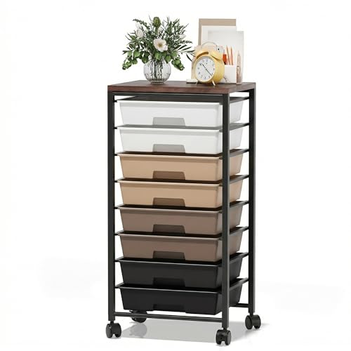 Rolling Cart with 8 Drawers, Storage Drawers Cart with Wooden Tabletop and Lockable Wheels, Craft Storage for Living Room, Office, Classroom, Craft Room, Bedroom (Brown) - color: Brown