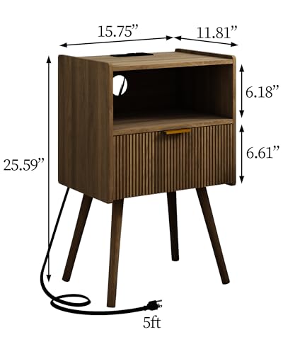 JOONEE Nightstand with Outlet,Modern Bedside Table with Storage Drawer and Open Wood Shelf, for Living Room, Bedroom and Small Spaces, Accent Night Stand with Solid Wood Legs, Easy Assembly,Brown - color: Walnut Brown-outlet