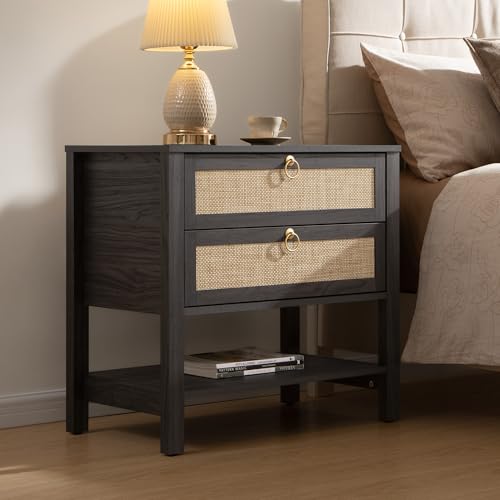 SICOTAS 26.7" Wide Rattan Nightstand with 2 Drawers & Open Shelf End Table | Large Night Stand with Storage Shelf, Coastal Boho Bedside Table for King Bed, Bedroom, Guest Room, Apartment, and End Table - color: Obsidian