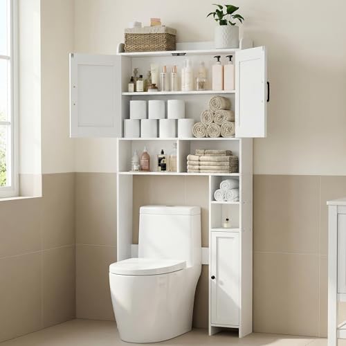 Homhedy Wooden Over The Toilet Storage Cabinet with Barn Door | Freestanding Bathroom Storage, Toilet Paper Holder, Adjustable Shelf,Space-Saving, Farmhouse Style, White - color: White