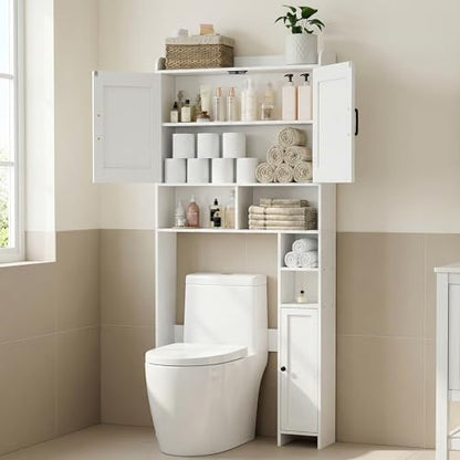 Homhedy Wooden Over The Toilet Storage Cabinet with Barn Door | Freestanding Bathroom Storage, Toilet Paper Holder, Adjustable Shelf,Space-Saving, Farmhouse Style, White - color: White