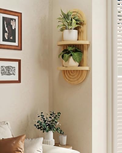 Bamworld Boho Wall Decor Plant Wall Shelf Mid Century Modern Decor Hanging 22in Plant Shelf 2-Tier Wooden Floating Shelves Natural | Mid Century Modern Decor Hanging Plant Shelf Wooden Floating Shelves for Home Bedroom Living Room Holding Planter Decorati