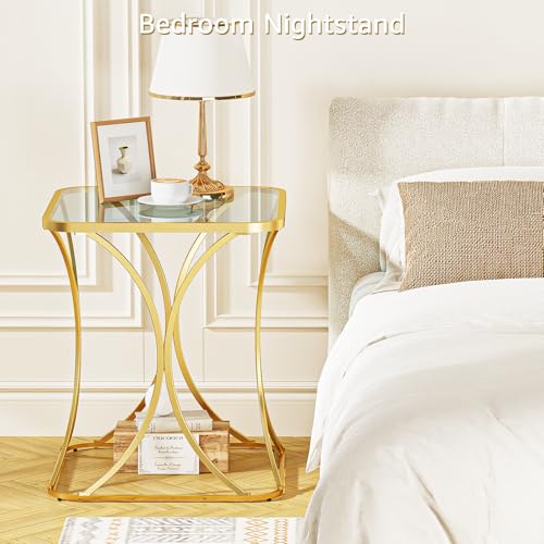 19.68" Square End Table with Tempered Glass Top, Stylish X-Shaped Metal Frame, Living Room Coffee Table, Sofa Side Table, Accent Tables for Small Spaces, Modern Bedside Table (Gold) - color: Gold, style: Style 2