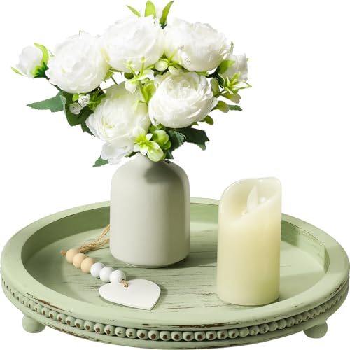 KULEDM Handmade Wooden Decorative Tray, Small Beaded Coffee Table Tray Decor, Sage Round Serving Tray for Coffee Table, Dining Room Table Entryway and Living Room Table - color: Sage