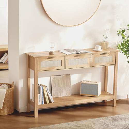 VEVOR Rattan Console Table with 3 Storage Drawers, Rattan Entryway Table with Natural Rattan Sliding Door, Console Sofa Table for Living Room, Study, Entryway Or TV Wall, Natural - size: 3 Drawers