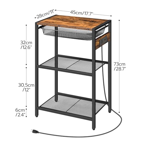 HOOBRO Tall Side Table with Charging Station, Industrial Telephone End Table with Pull-Out Metal Storage Drawer, Tall Slim Nightstand for Living Room, Bedroom, Office, Rustic Brown BF06UDH01