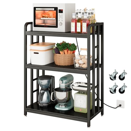 METYERRY Bakers Rack with Power Outlet,Adjustable Microwave Stand with Storage,3-Tier Kitchen Shelves,Microwave cart Suitable for Kitchen,Dinning Room,Coffee Bar,Living, Black - color: Black