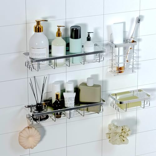 Shower Caddy Organizer with Hooks,Self Adhesive Bathroom Shelves,No Drilling Bathroom Organizers and Storage,Perfect for RV, Apartment, Home Decor,Silvery 4PCS - color: Silvery, size: 4 Pack