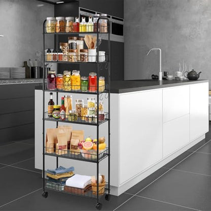 6 Tier 6in/10in Slim Rolling Storage Cart, Mobile Shelving Unit with Wheels, Metal Wire Storage Shelving Rack with Baskets for Kitchen Bathroom Office Laundry Narrow Places