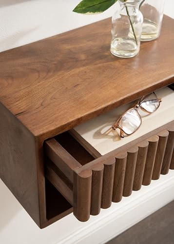 Kate and Laurel Reid Ribbed Wooden Tiered Floating Side Table, 18 x 10 x 9, Walnut Brown, Modern Rectangular Mango Wood Floating Nightstand with Drawer for Bedroom Storage or Living Room End Table - color: Walnut Brown