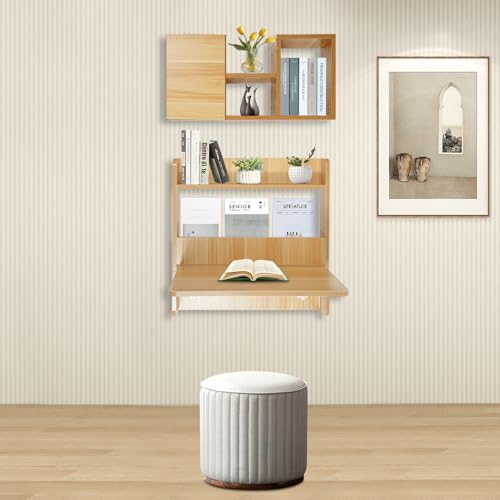 Wall Mounted Bookshelf with Moveable Cabinets, Multifunctional Folding Floating Desk, Fold Down Laptop Table with Storage Shelves for Bedroom Study Room Space Saving Small Space Garage (Light Walnut) - color: Light Walnut