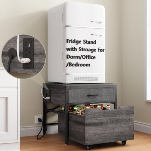 MAJALiS Mini Fridge Riser Stand Table Cabinet Shelf with Storage Space | Beverage Station To Go Over Small Refrigerator With Power Outlet, Metal Minifridge Organizer For Dorm, Office, College - color: Grey-with Power Outlet