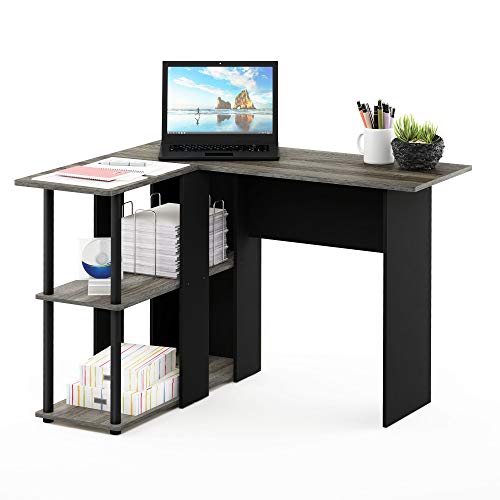 Furinno Abbott L-Shape Computer Desk with Bookshelf, French Oak Grey/Black - color: French Oak Grey/Black, style: Plastic Poles