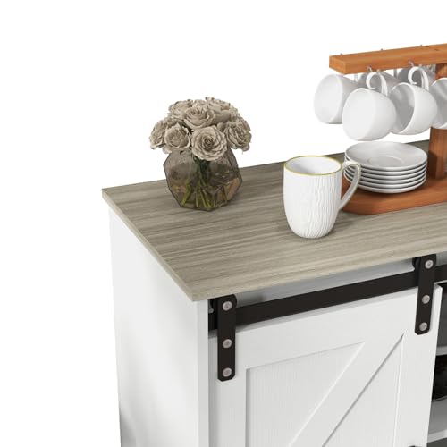 Panana Sliding Barn Door Buffet Sideboard Storage Cabinet Coffee Bar Kitchen Farmhouse Style (White Cabinet Nature Top) - color: White Cabinet Nature Top