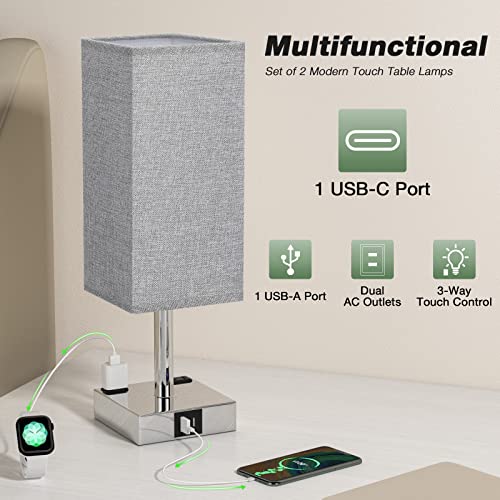 Light Grey Touch Lamps Set for Bedroom - Dimmable, USB C+A, 2 AC Outlets | 3-Way Dimming, 3000K LED Bulbs Included, Light Grey Lampshade Silver Base, Small Bedside Lamp for Nightstand, Desk, Dorm - color: Gray-Silver