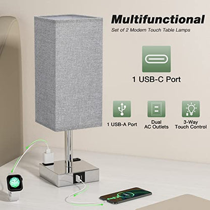 Light Grey Touch Lamps Set for Bedroom - Dimmable, USB C+A, 2 AC Outlets | 3-Way Dimming, 3000K LED Bulbs Included, Light Grey Lampshade Silver Base, Small Bedside Lamp for Nightstand, Desk, Dorm - color: Gray-Silver