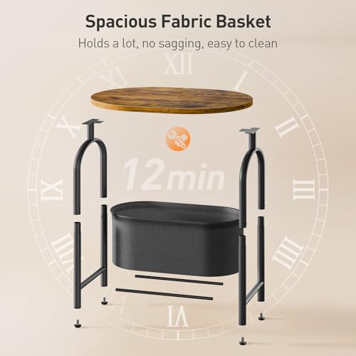 RALGEND Small Round Side Table with Fabric Basket Storage, Oval End Table for Small Spaces, Modern Coffee Bedside Table, Couch Side Table for Living Room, 15.7" X 11.8" X 24", Rustic Brown 8601BZBF - color: Rustic Brown and Black