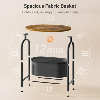 RALGEND Small Round Side Table with Fabric Basket Storage, Oval End Table for Small Spaces, Modern Coffee Bedside Table, Couch Side Table for Living Room, 15.7" X 11.8" X 24", Rustic Brown 8601BZBF - color: Rustic Brown and Black