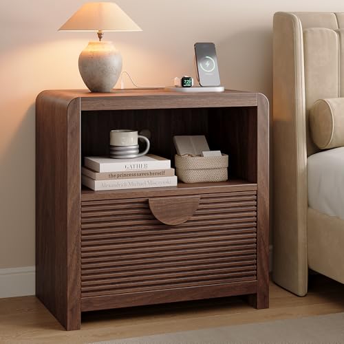 Fluted Nightstand with Charging Station, 23" Wide Wood Bedside Table with Drawer and Open Compartment, Mid Century End Table for Bedroom, Home Office, Walnut - color: Walnut, size: 1 pc