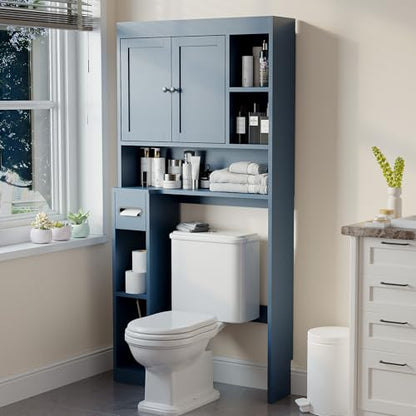 Over The Toilet Storage Cabinet with 7 Shelves, Imitation Walnut Grain Above Toilet Bathroom Organizer with Toilet Paper Holder Stand, Space Saver for Restroom, Laundry, Bathroom (Navy Blue) - color: Navy Blue