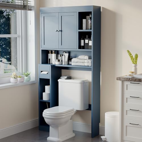 Over The Toilet Storage Cabinet with 7 Shelves, Imitation Walnut Grain Above Toilet Bathroom Organizer with Toilet Paper Holder Stand, Space Saver for Restroom, Laundry, Bathroom (Navy Blue) - color: Navy Blue
