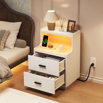 Yusong LED Nightstand Bedside Table with Charging Station 2 Drawers, Modern Sofa Couch End Side Table with LED Lights and Pull-Out Shelf for Bedroom, White - color: White 003