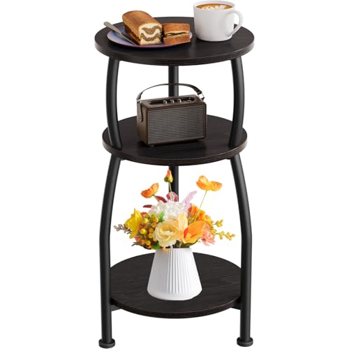 Small Round Side Table, 3-Tier Slim End Table for Small Spaces | 11.8in Compact Nightstand Accent Table Fits Coffee, Books or Home Decor Plants, for Living Room, Bedroom, Patio, Black - color: Black, size: 11.8''Dia