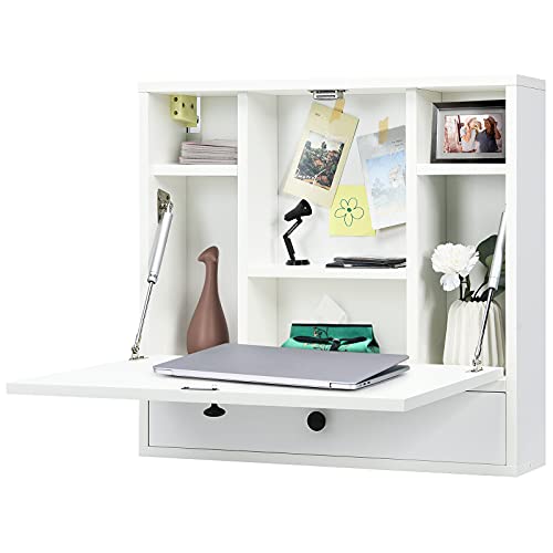 COSTWAY Wall-Mounted Computer Desk, Floating Desk with Storage Drawer & Shelves, Fold-up Desktop & Pneumatic Springs, Ideal for Home, Office, Dormitory, Small Spaces (White) - color: White