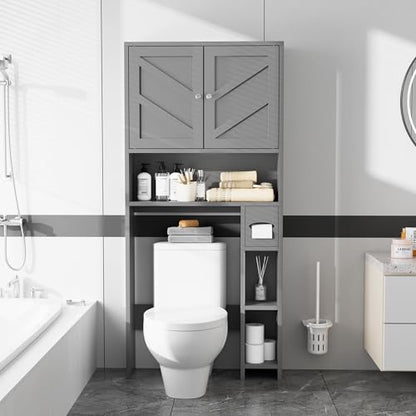 Farmhouse Storage Cabinet Over Toilet with Toilet Paper Holder Stand, Freestanding Bathroom Storage Organizer Cabinet, Grey - color: Grey