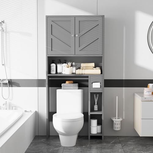 Farmhouse Storage Cabinet Over Toilet with Toilet Paper Holder Stand, Freestanding Bathroom Storage Organizer Cabinet, Grey - color: Grey