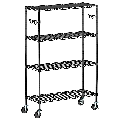 Folews 4-Tier Storage Shelving Unit with Wheels, Metal Rolling Storage Shelves NSF Adjustable Layer Steel Rack Shelf, Wire Shelving Storage for Kitchen Garage Pantry Office, Black (14D x 36W x 57H) - size: 4-Tier