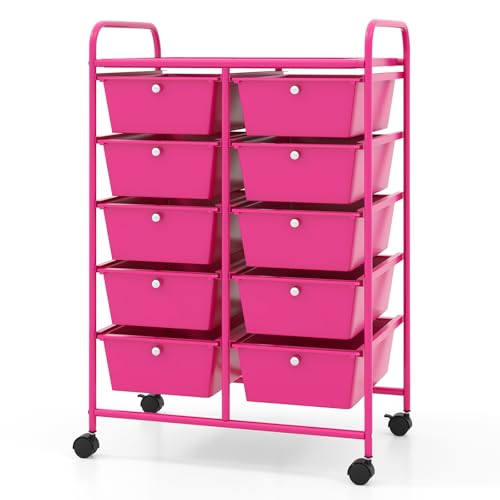 10-Drawer Rolling Cart with Drawers, Storage Cart with Universal Wheel & Metal Frame, Multipurpose Mobile Trolley Utility Cart for Makeup Kitchen Office Play Room (Hot Pink) - color: Hot Pink