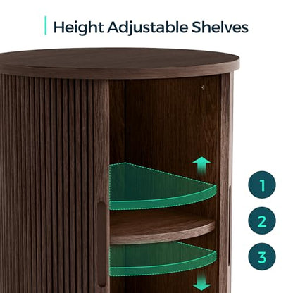 LINSY HOME Round Fluted End Table, Tall Side Table with Sliding Tambour Door and Storage Shelf, Modern Bedside Table, Mid-Century Nightstand for Living Room, Bedroom, Dark Walnut - color: Dark Walnut
