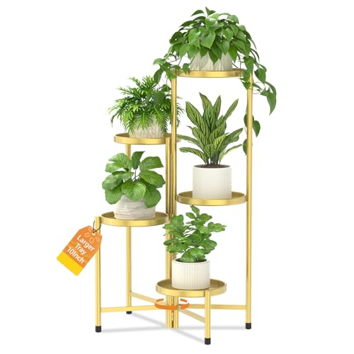 LASZOLA 5 Tier Large Plant Stand Indoor Tall with 10 Inch Metal Tray, Corner Folding Flower Display Rack, Modern Plant Holder Shelf for Outdoor Patio Porch Garden Office Living Room, Gold - color: Standard Gold, size: 5 Tier