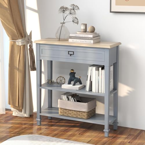 Kinpaw Narrow Console Table with Storage- Bluish Grey Entryway Table, Small Sofa Table with Drawer & Storage Shelf for Hallway, Entryway, Foyer, Behind Couch, Living Room Furniture,Wood - color: Grey-2 Shelves