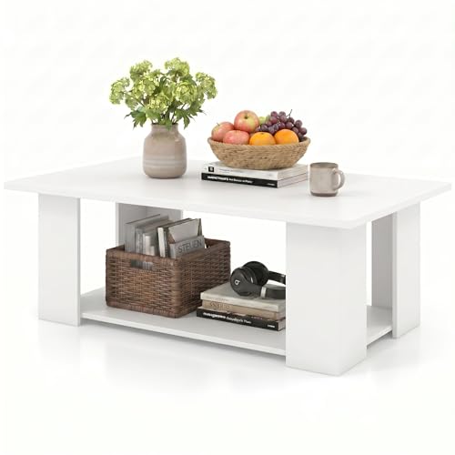POWERSTONE 41 Inch 2-Tier Coffee Table with Storage Shelf, Wood Farmhouse Center Table with L Legs & Extra Bottom Support for Living Room, White - color: White