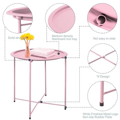 Garden 4 you End Table 2 PCS Metal Side Table Pink Round Folding Tray Cyan Sofa Small Accent Fold-able Table, Round End Table Tray, Next to Sofa Table, Snack Table for Living Room and Bed Room - color: Pink
