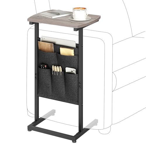 HOOBRO C Shaped End Table, 28.3" Side Table for Small Spaces, Couch Table, Slide Under Sofa Tray Table, Storage Bag, for Living Room, Bedroom, Greige and Black BG40SF01 - color: Greige + Black