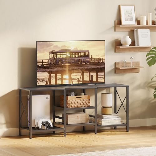 JARHETUN TV Stand for 55 Inch TV, Entertainment Center with 3-Tier Open Shelves, TV Console Table for Living Room, Bedroom, Black - color: Black