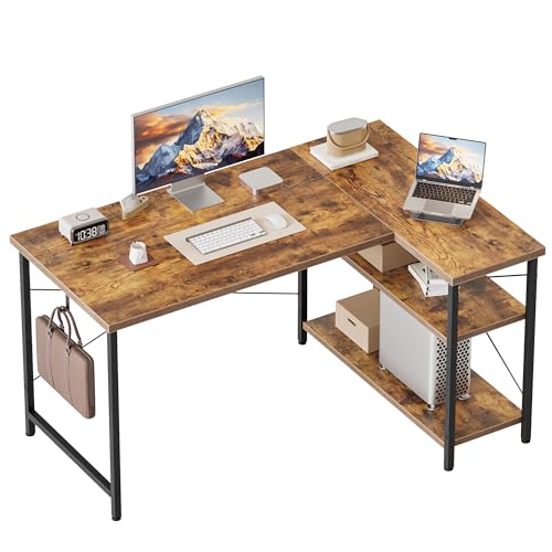 39 inch Corner Desk with Shelves, Small L Shaped Gaming Desk | Reversible Computer Desk with Hooks, Office Table for Home Bedroom Study Work Writing - color: Brown, size: 39 inch